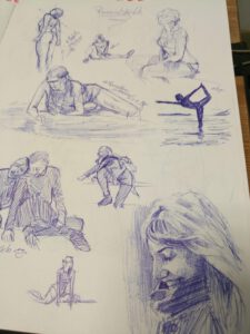 sketch apuntes de dibujo estudios de figura humana con referencia fotografica a tinta boligrafo de las clases de doart